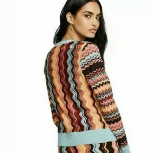 MISSONI V Neck Multicolor Zigzag Knit Cardigan Bohemian Sweater L Brown Teal - Picture 2 of 9